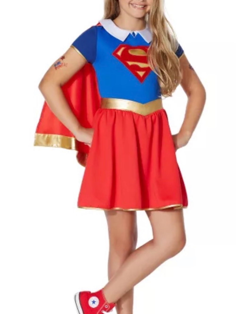 Girls Red & Blue Superhero Costume Dress with Cape